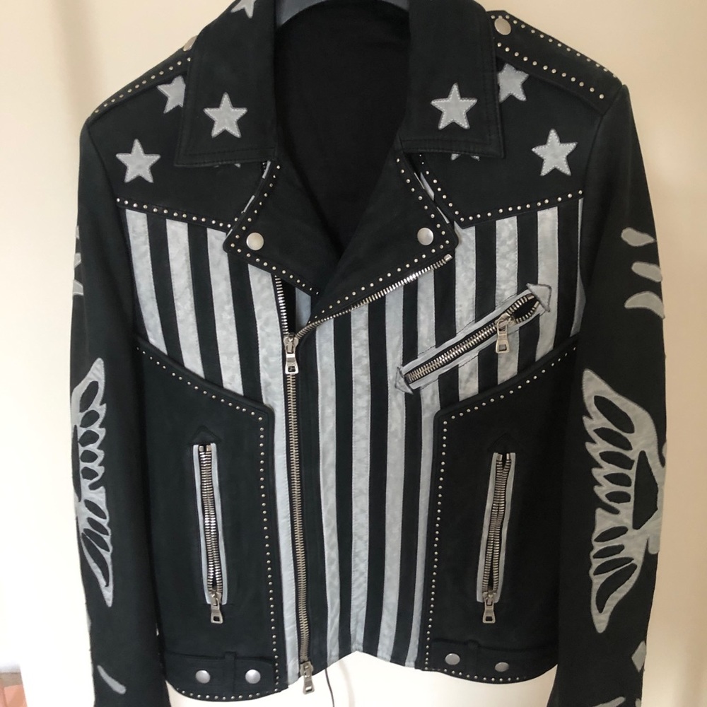 BALMAIN BLACK LEATHER BIKER JACKET W/SILVER TRIM